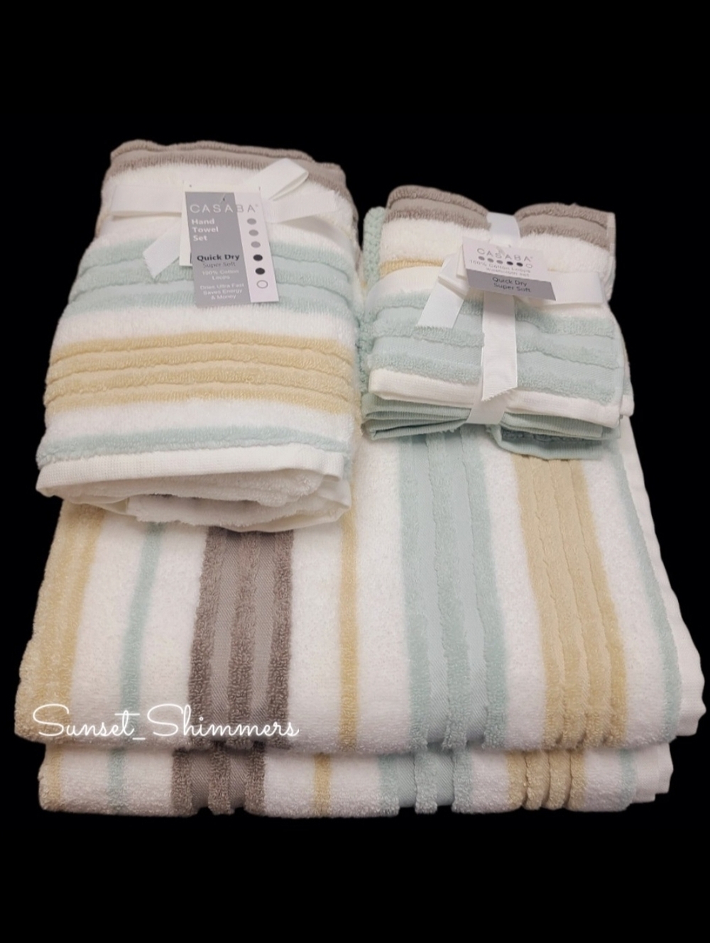 8pc Casaba Sage Tan Gray Striped Bath Hand Washcloth Quick Dry Towel Set New